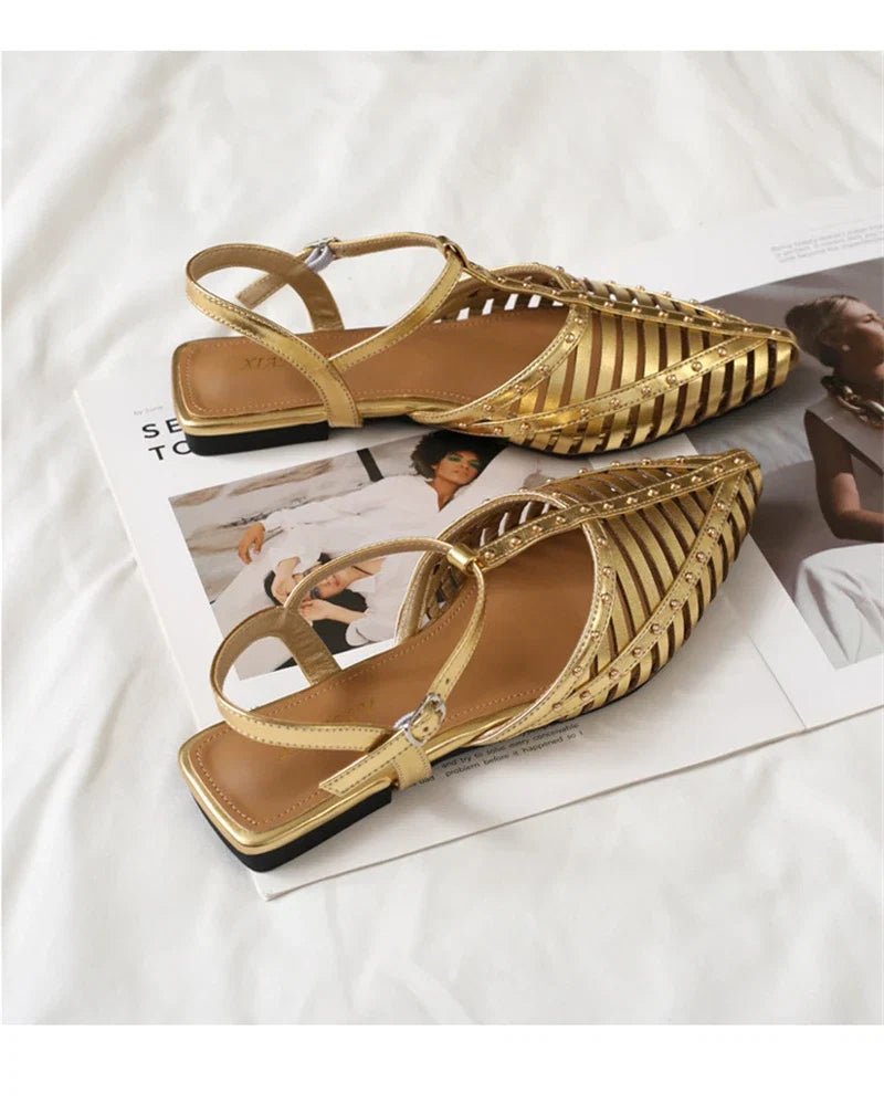 ZAROY Designer Narrow Band Flat Sandals Women Summer Point Toe Ankle Buckle Hollow Roman Sandal Plus Size Casual Beach Sandalias LadyShow.Store