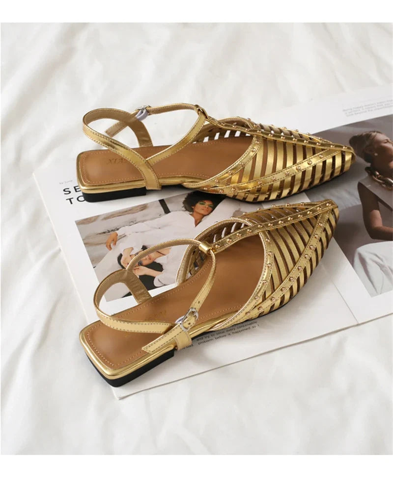 ZAROY Designer Narrow Band Flat Sandals Women Summer Point Toe Ankle Buckle Hollow Roman Sandal Plus Size Casual Beach Sandalias LadyShow.Store