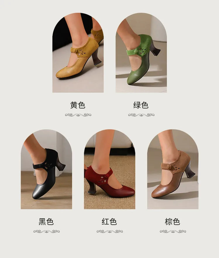 Summer Spring Cute Women Pumps Round Toe 6.5cm Small Heels Flock and PU Ankle Strap Buckle Green Yellow Big Size 46 48 Pi-Mart