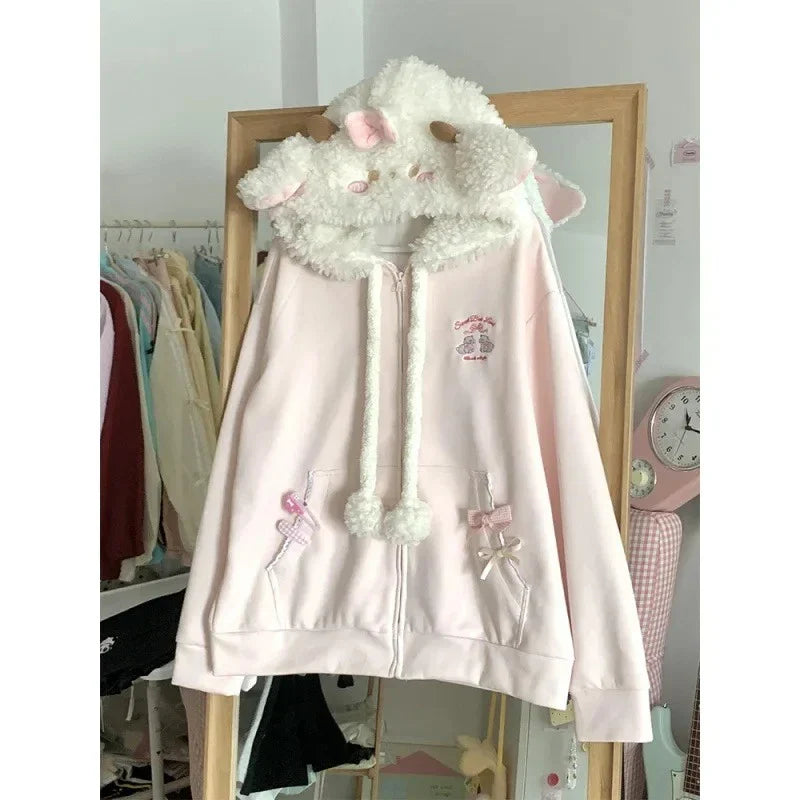 Japanese Sweet Coats Y2K Clothing Hoodie Women Tops Autumn and Winter Color Match Splicing with Thick Velvet Cardigan Jackets LadyShow.Store
