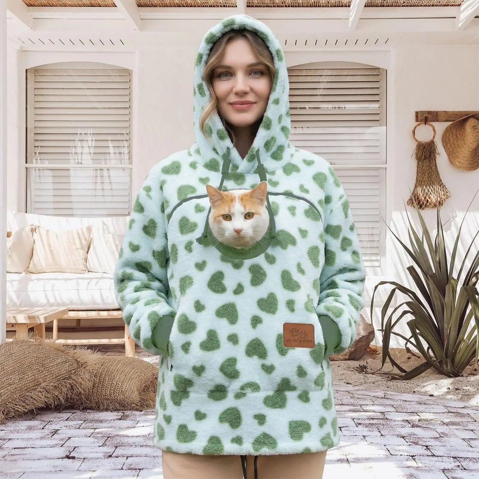 Ladies Winter Hooded Lamb Velvet Zipper Kangaroo Pocket Cat Dog Mommy Outwear Sweatshirt Comfortable Street Style Trendy Fashion LadyShow.Store