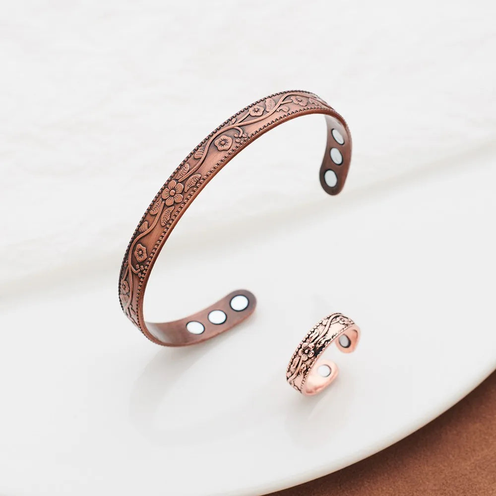 Magnetic Bracelet Retro Flower Ring Bracelet Set Adjustable Men's and Women's Plated Ancient Red Copper Magnetic Bracelet Pi-Mart