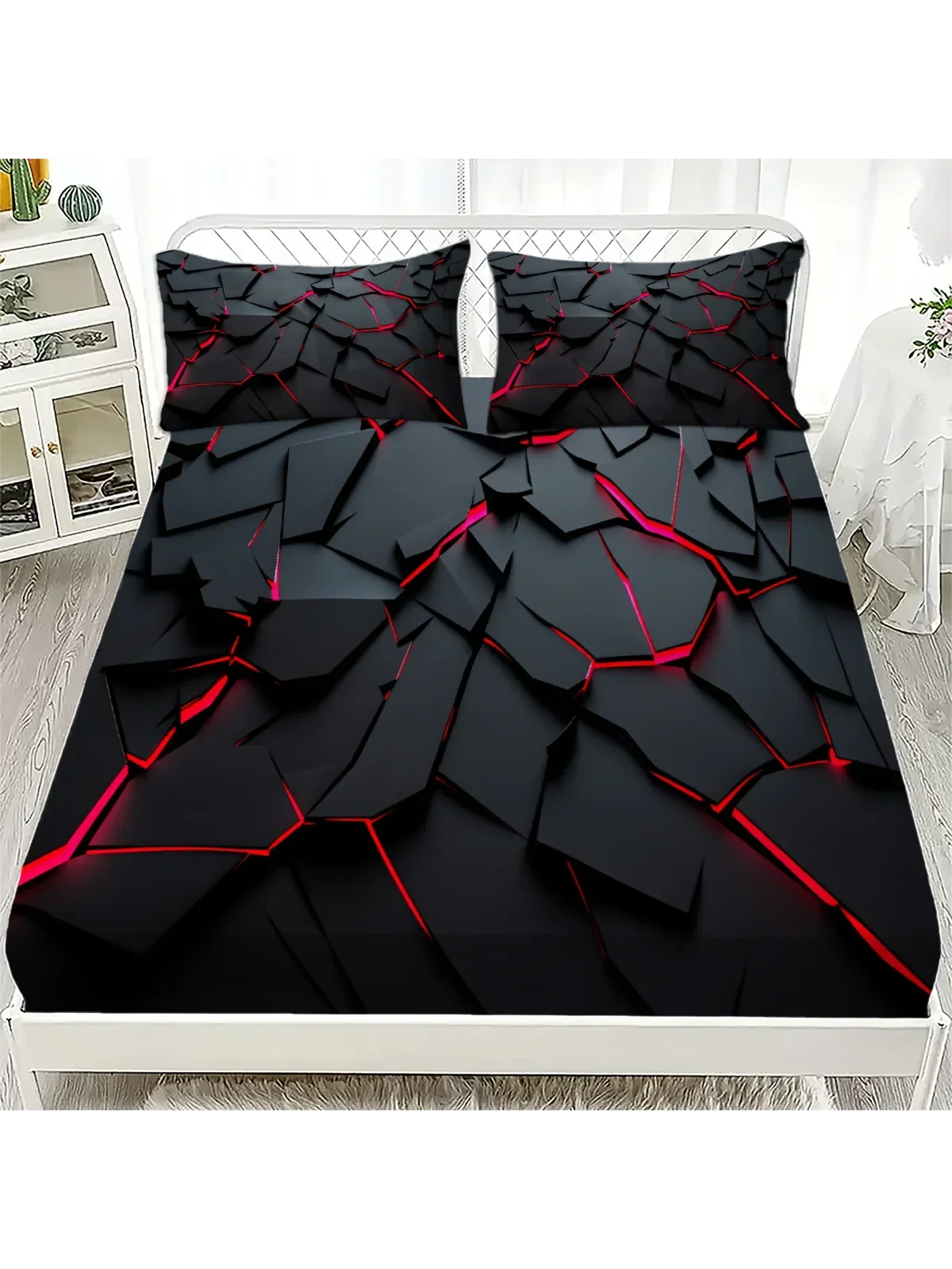 3Pcs Lightning Glow Fitted Sheet Set 3D Printed Soft Red Black Bedspread Single Twin Queen King Size Bed Sheet Set Home Decor LadyShow.Store