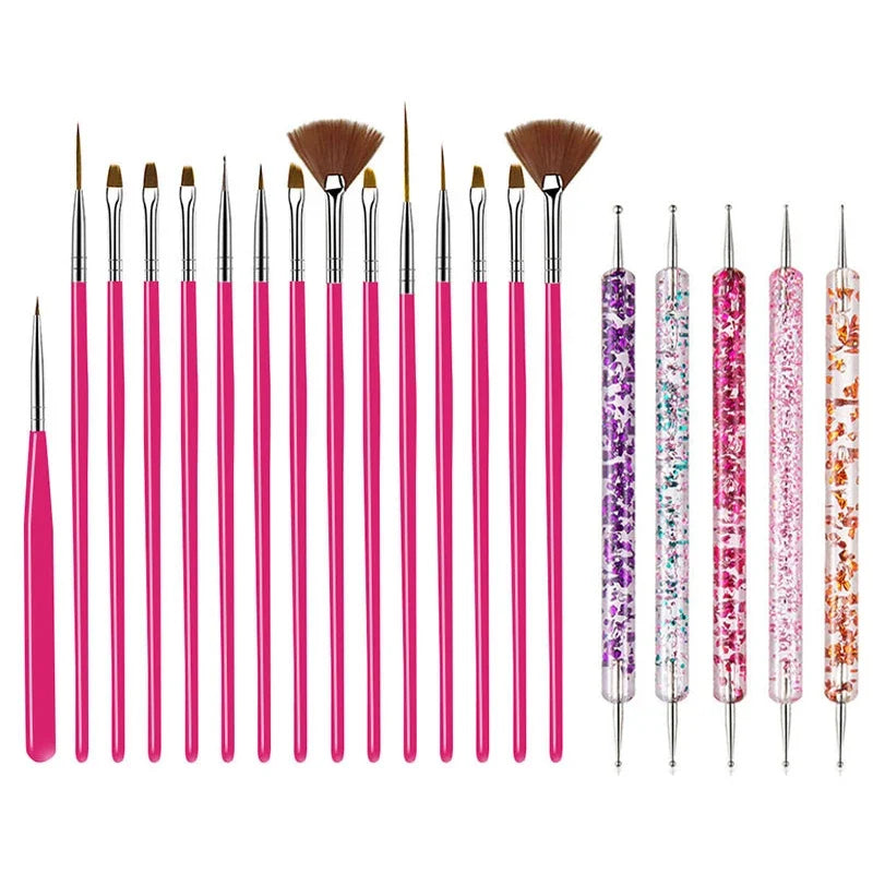 5/20Pcs Nail Art Brush Design Tip Painting Drawing Carving Dotting Pen FlatFan Liner Acrylic Gel UV Polish Manicure Tools Tri Light Beauty