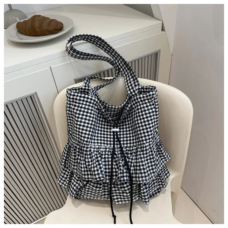 Large Capaci Cute Plaid Cotton Tote Bag  Lace Trim Women's Summer 2025 Simple Lady Handbag Soft Shoulder Bags Bolsa Feminina Pi-Mart
