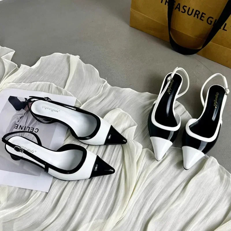 Designer Black White Mixed Color Low Heeled Sandals Women Sexy Pointed Toe Slingbacks Chunky High Heels for Women Elegant Heels LadyShow.Store