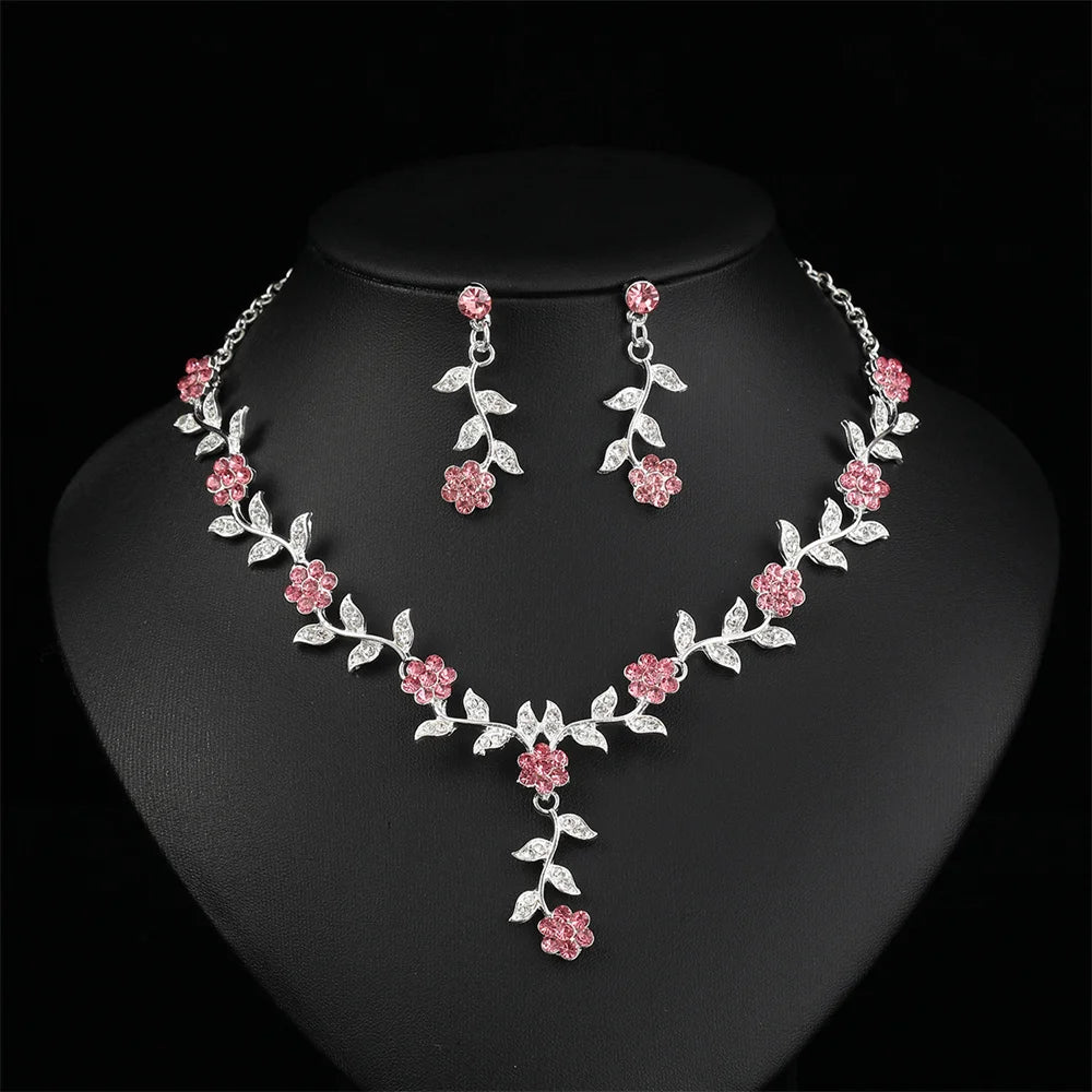 Sweet Jewelry Set Exquisite Rhinestone Pendant Banquet Party Women Fashion Romantic Crystal Necklace Earring Accessory Set Pi-Mart