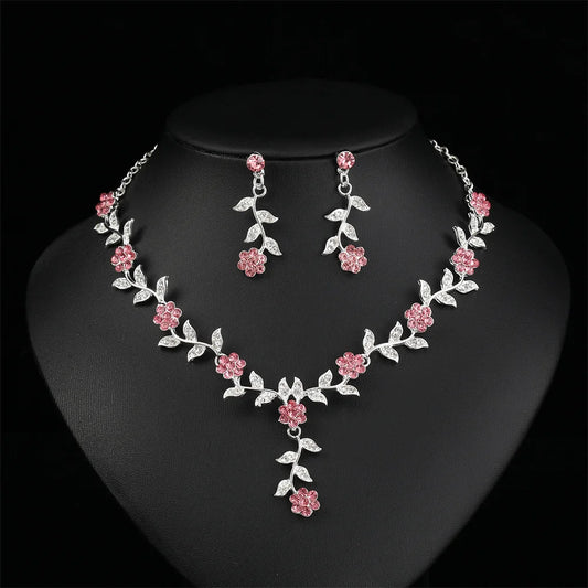 Sweet Jewelry Set Exquisite Rhinestone Pendant Banquet Party Women Fashion Romantic Crystal Necklace Earring Accessory Set Pi-Mart