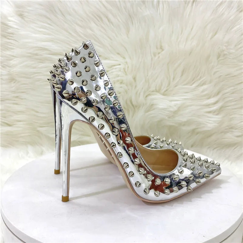 Women New Rivet High Heels 12CM Fashion Pointed Toe Party Single Shoes Europe And America Club Stage Pumps Silver Plus Size 43 Pi-Mart