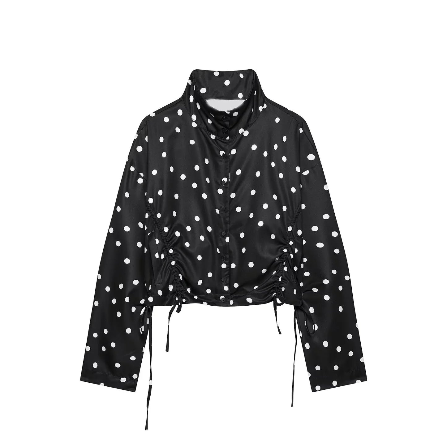 Women's Polka Dots Jacket with Tie New 2026 Spring Long Sleeve High Collar Loose Women Versatile Short Coats Chic Female Jackets LadyShow.Store