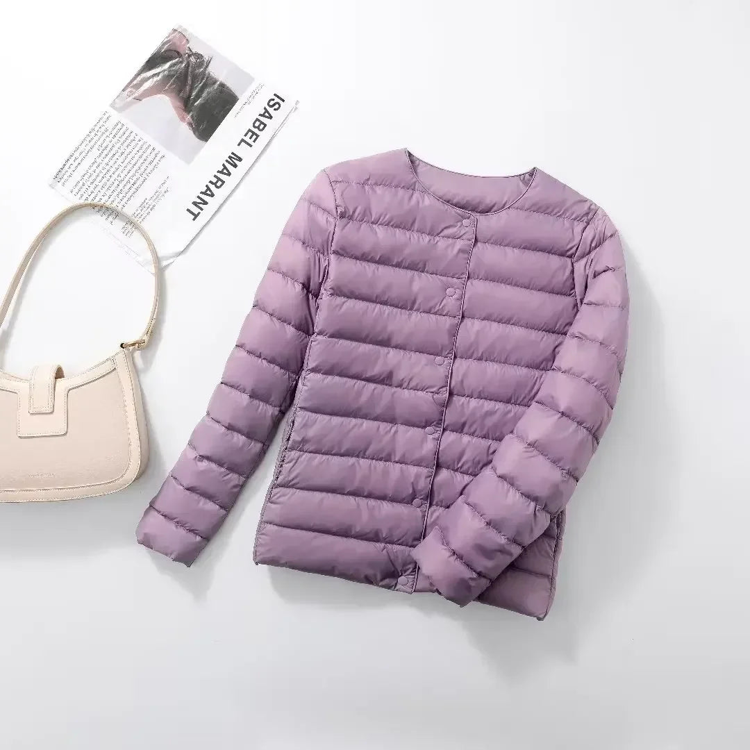 New Female Light Down Coat Women Liner Duck Down Jacket O-neck Variable V-neck 2024 Fall Collarless Light Quilted Puffer Coat LadyShow.Store