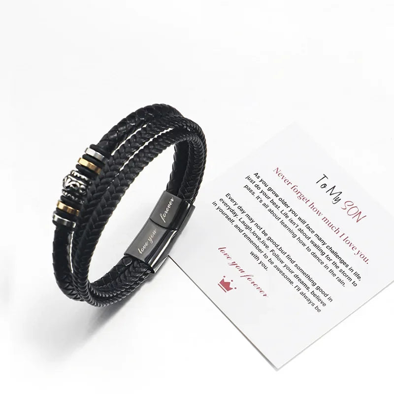 Bracelet for Son/Grandson From Parents, Stainless Steel Leather Bead Grown Up Meaningful Graduation Gifts for His Birthday 8.5" Pi-Mart
