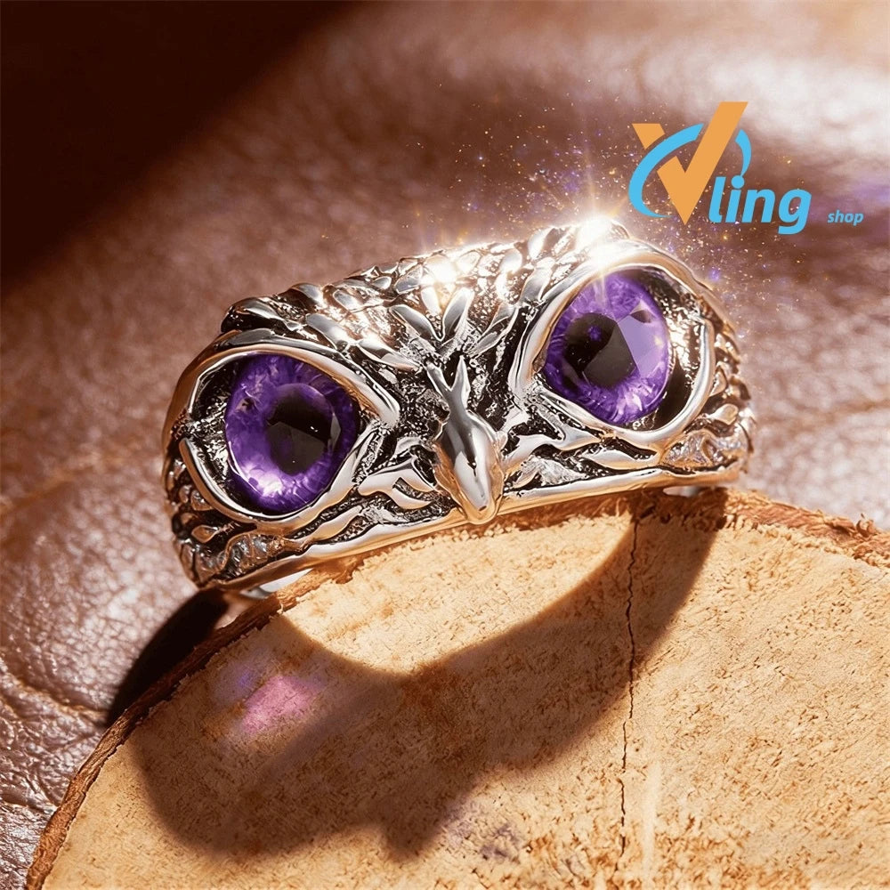 Multicolor Evil Eye Owl Adjustable Ring Antique Silver Gothic Punk Unisex Animal Finger Ring Women Men Fashion Jewelry Gift Pi-Mart