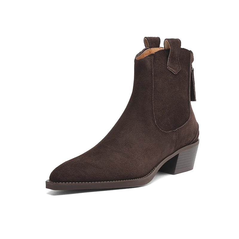 2025 Autumn Winter Trend Cow Suede Women Western Boots Black Brown Khaki Purple Green Burgundy Pointed Toe Ladies Ankle Boots Pi-Mart