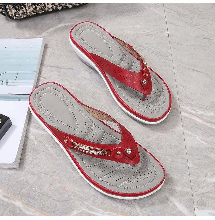 2023 Women's Slippers Summer New Fashion Metal Button Slides Shoes Wedge Beach Sandals Women Outside Platform Leisure Flip Flops Pi-Mart