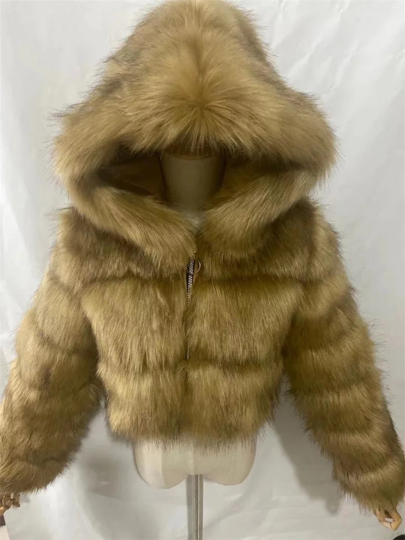 High Quality Furry Cropped Faux Fur Coats Jackets Women Fluffy Top With Hooded Winter Fur Jackets Fourrure Manteau Femme JH137 Pi-Mart