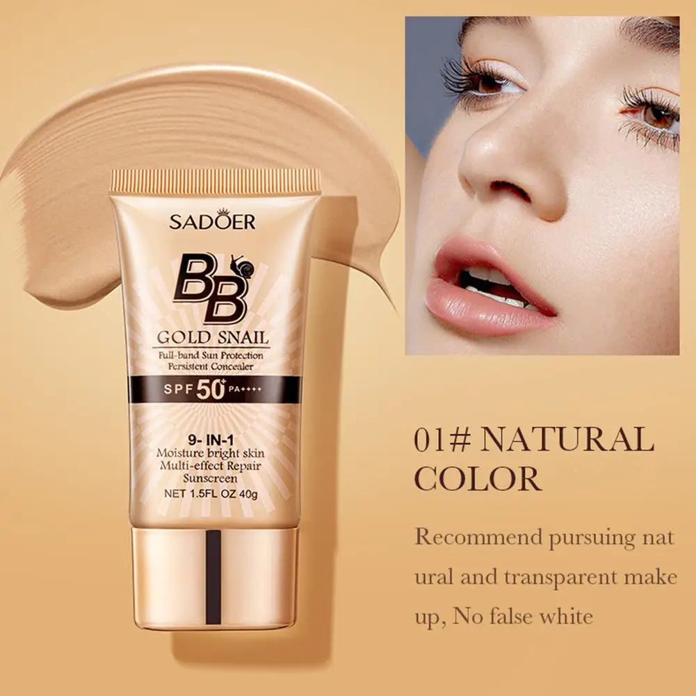 SADOER Gold Snail Sunscreen BB Cream Foundation Concealer Moisturizing Isolation Cream SPF50+PA+++ 40g Facial Moisturizer Tri Light Beauty