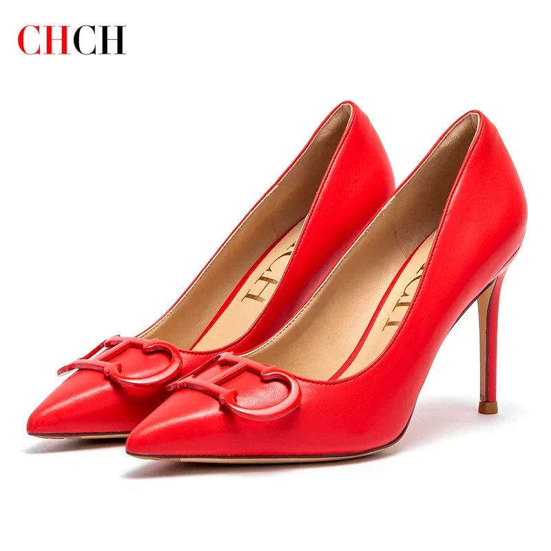 CHCH Women's High Heels New Pointed Metal Buckle Party Carnival Women's Shoes 9cm LadyShow.Store
