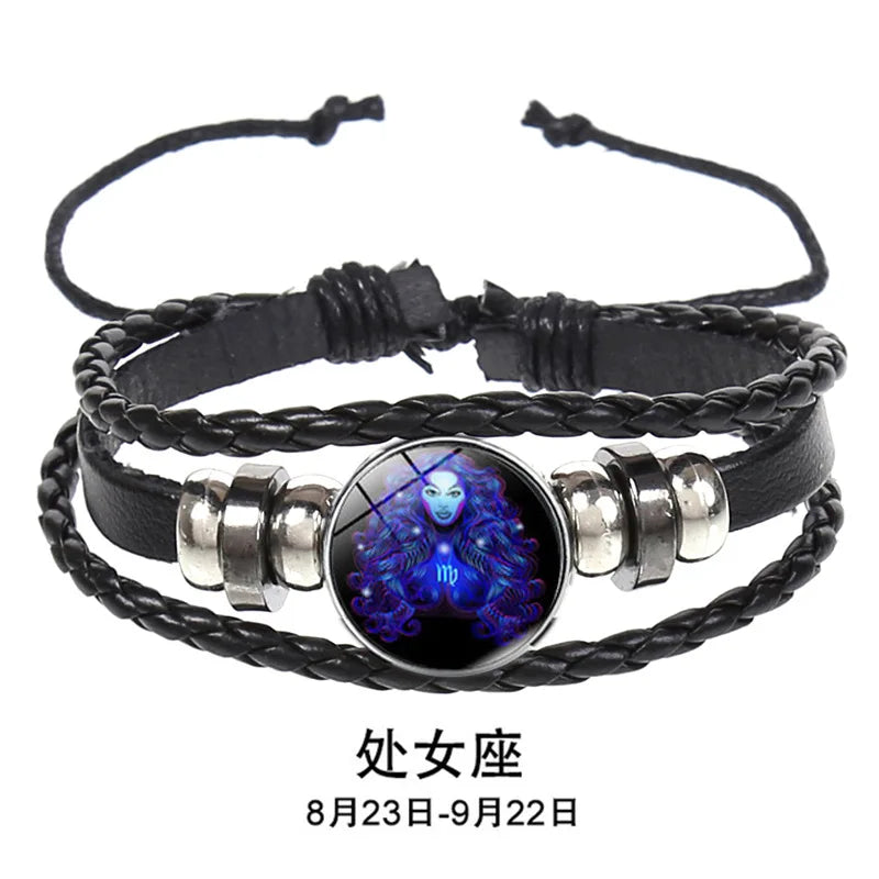 12 Constellation Zodiac Sign Charm Luminous Bracelets Men Women Vintage Multilayer Wrap Leather Chain Bangle Birthday Jewelry Pi-Mart