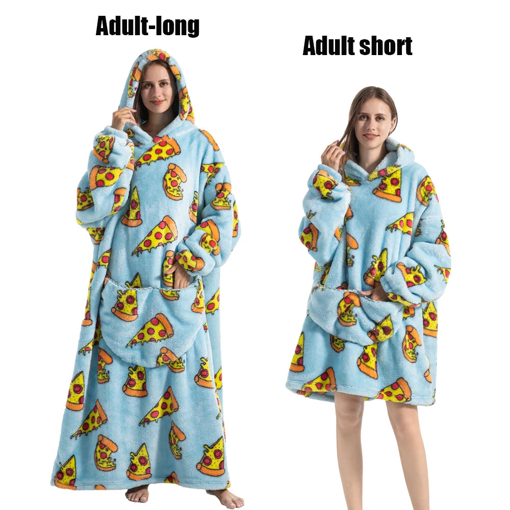 Women Plush Fleece Blanket Men Warm Thick Hoodies Adult Giant TV Blanlets with Sleeves Super Long Cold-proof Homewear Pajamas Pi-Mart