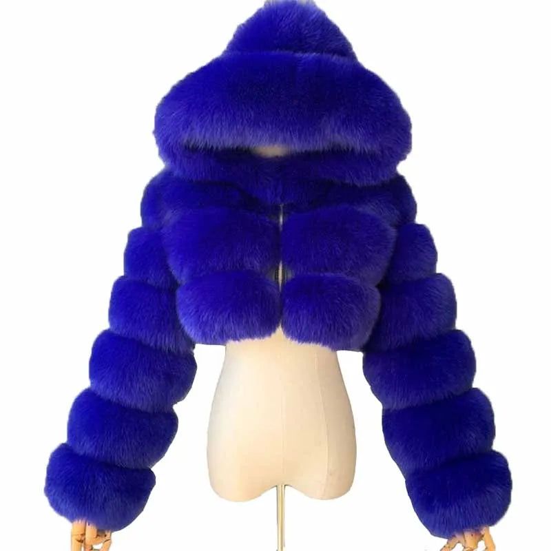 High Quality Furry Cropped Faux Fur Coats Jackets Women Fluffy Top With Hooded Winter Fur Jackets Fourrure Manteau Femme JH137 Pi-Mart