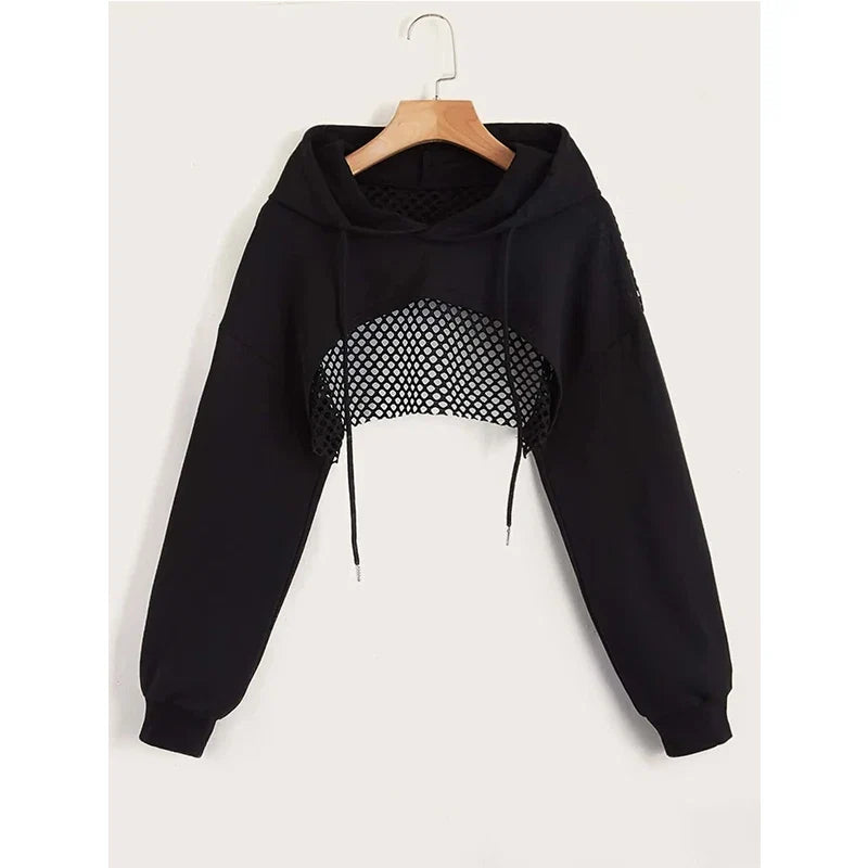 Street Sport Drop Shoulder Drawstring Hollow Out Super Crop Sports Hoodie Without Cami Top LadyShow.Store