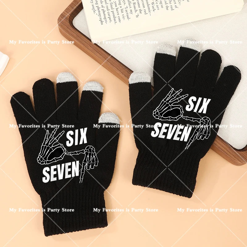 Funny 67 Six Seven Winter Gloves Touch Screen Gloves Fnafs Warm Stretch Knit Mittens Imitation Wool Full Finger Crochet Thicken Pi-Mart