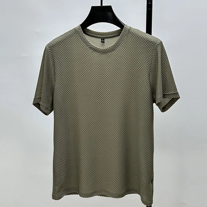 Men's Short Sleeve Mesh Bamboo Ice Silk T-shirt Casual Versatile Summer Elastic Slimming Top for Men Pi-Mart