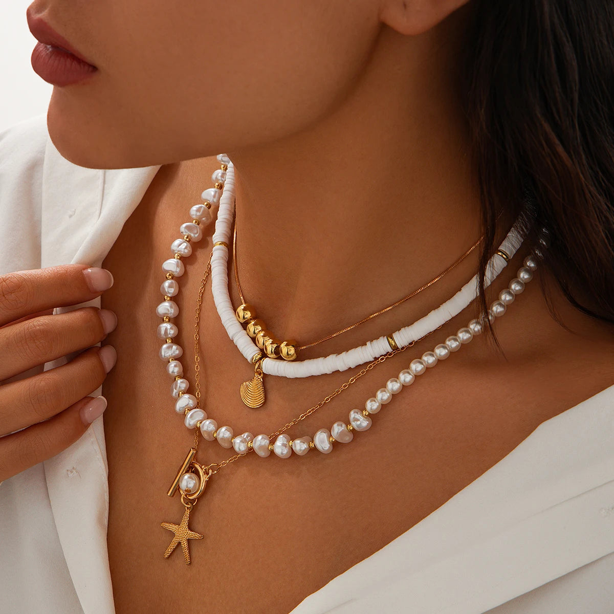 Ingemark 3Pcs/Set Bohemian Scallop Starfish Pendant Necklace for Women  Elegant Imitation Pearl Chain Jewelry Accessories Gift Pi-Mart