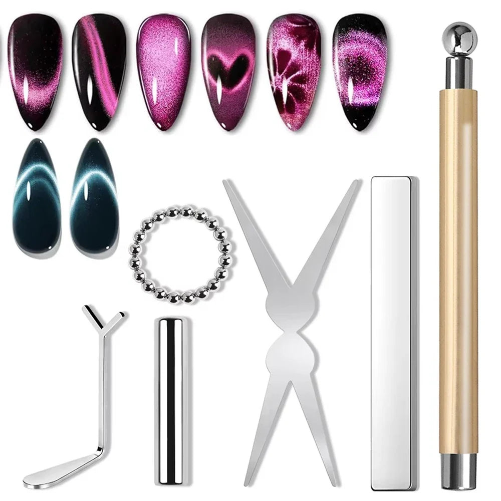 YIKOOLIN 6Pcs Cat Eye Magnet Set French Tip Heart & Flower Design Nail Art Gel Polish Manicure Tools for DIY Nail Art Tri Light Beauty
