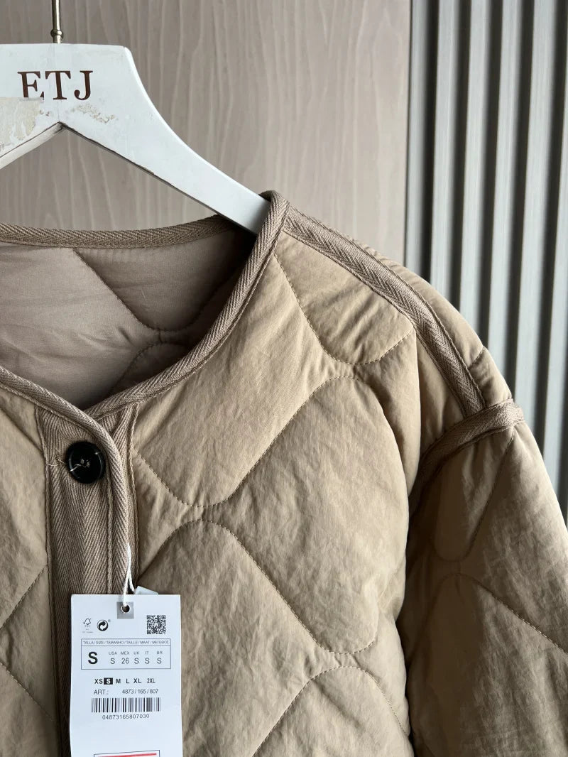 ETJ 2025  Spring new women's vintage crewneck quilted cotton-padded loose version of quilted casual jacket LadyShow.Store