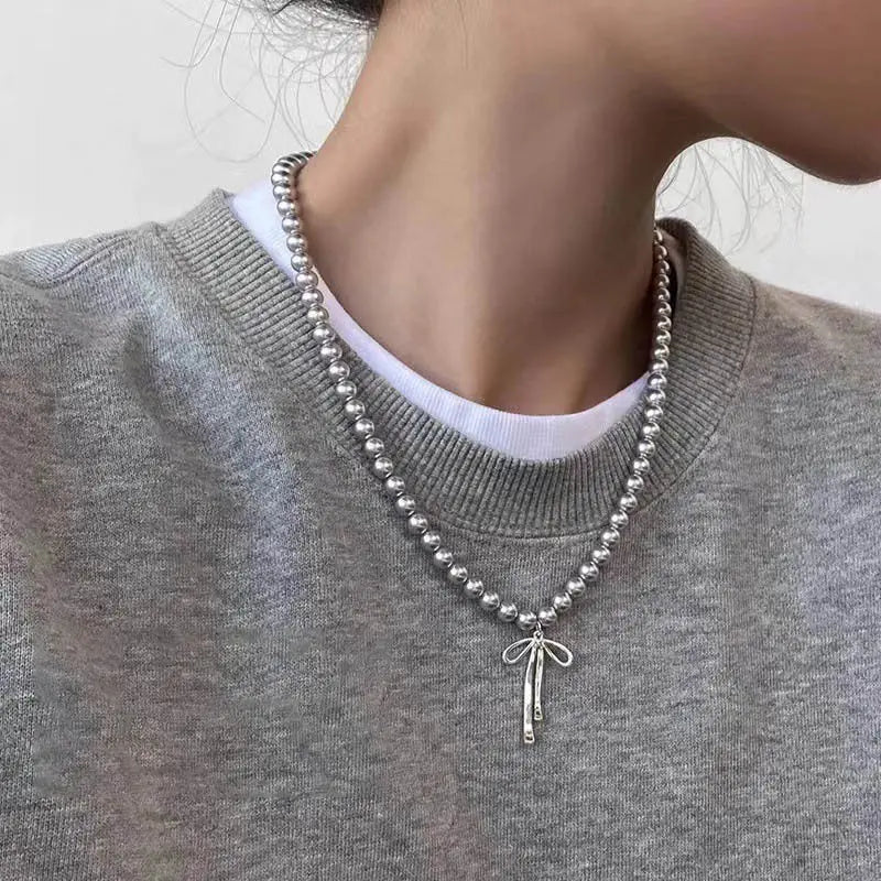 Fashionable Choker with Pendant Graceful Bowknot Pendant Choker Necklace with Gray Pearls Neck Jewelry Accessories Pi-Mart