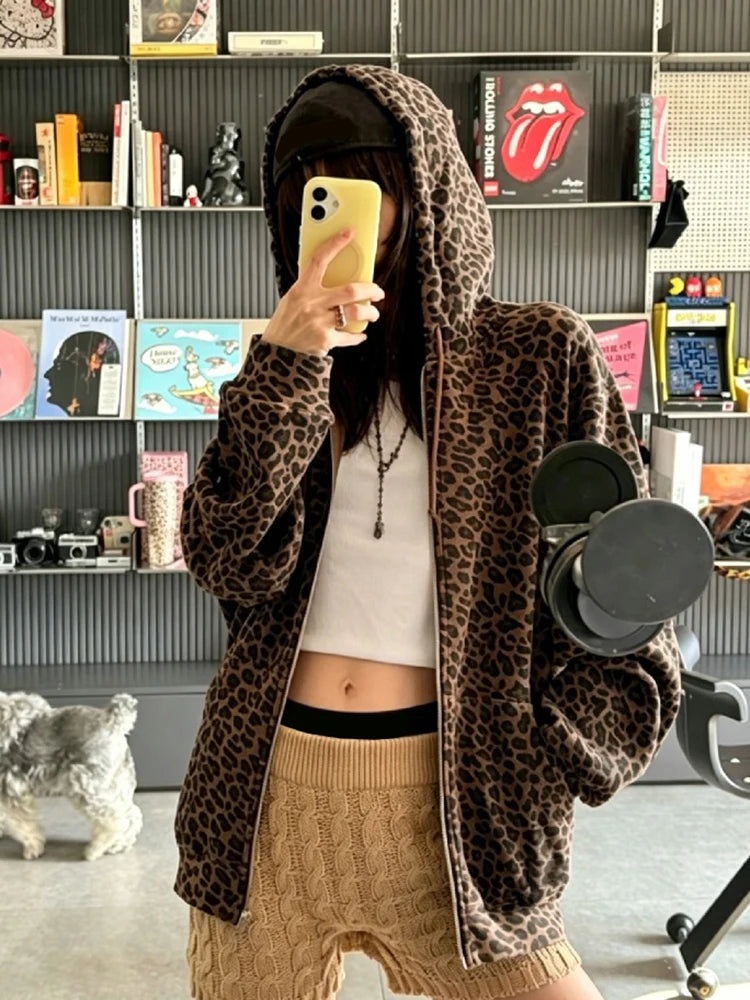 Y2K Leopard Print Hooded Jacket Women Full Zip Drawstring Hood Long Sleeve Loose Fit Streetwear Street Club Ladies Outerwear Pi-Mart