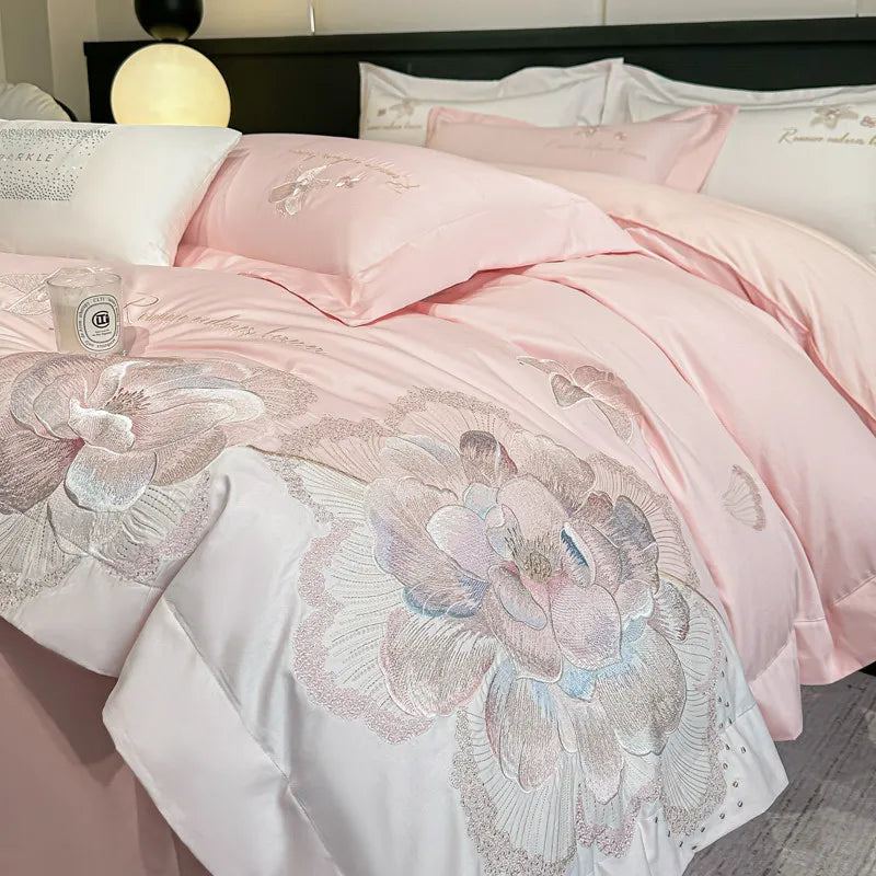 4pcs Light Luxury Style  120 Count Long Styl Cotton polyeste Embroidered Bedding Duvet Cover 200x230 220x240 Four Seasons Pi-Mart