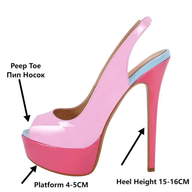 Onlymaker Pink Patent Leather Peep Toe Platform Stilettos Sandals Thin Heel Sexy Buckle Strap  Party Slingback Sandals LadyShow.Store