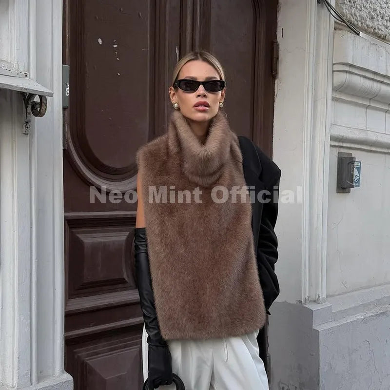 Neo Mint 2025 Brand Fashion Faux Fur Sable Vest Crop Top Autumn Winter Turtleneck Eco Mink Fur Tank Tops Sleeveless Jacket Coat LadyShow.Store