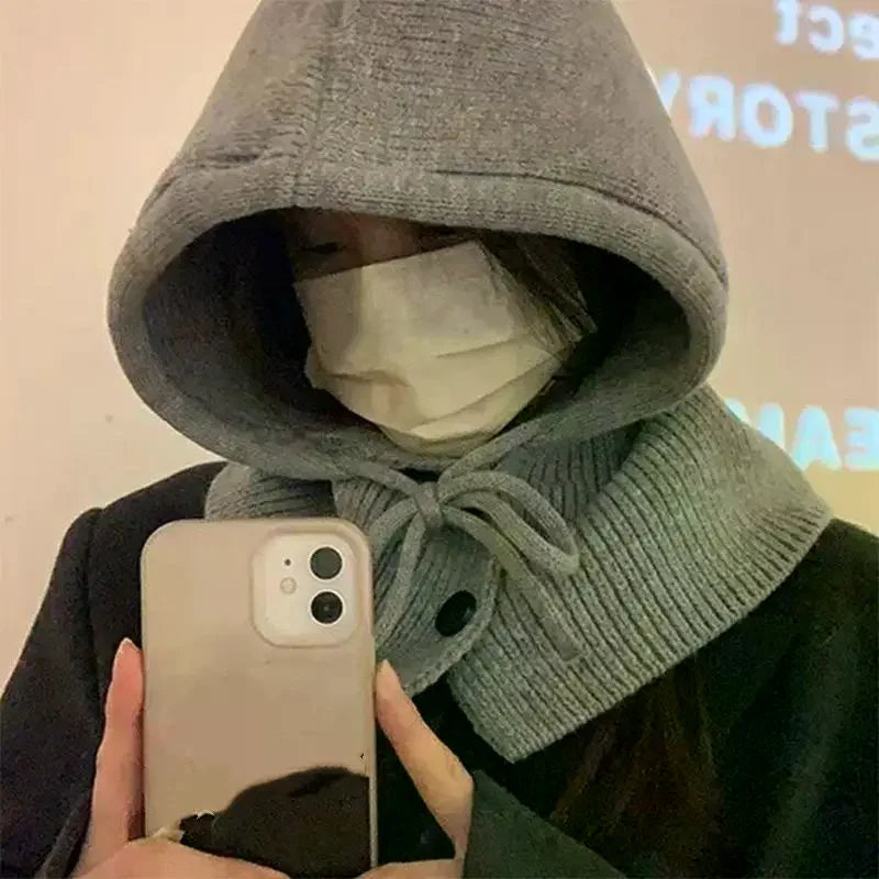 Winter Balaclava Hat Warm Knitted Women's Hood Hat Solid Color One-piece Neck Pullover Cap Outdoor Cashmere Caps Pi-Mart
