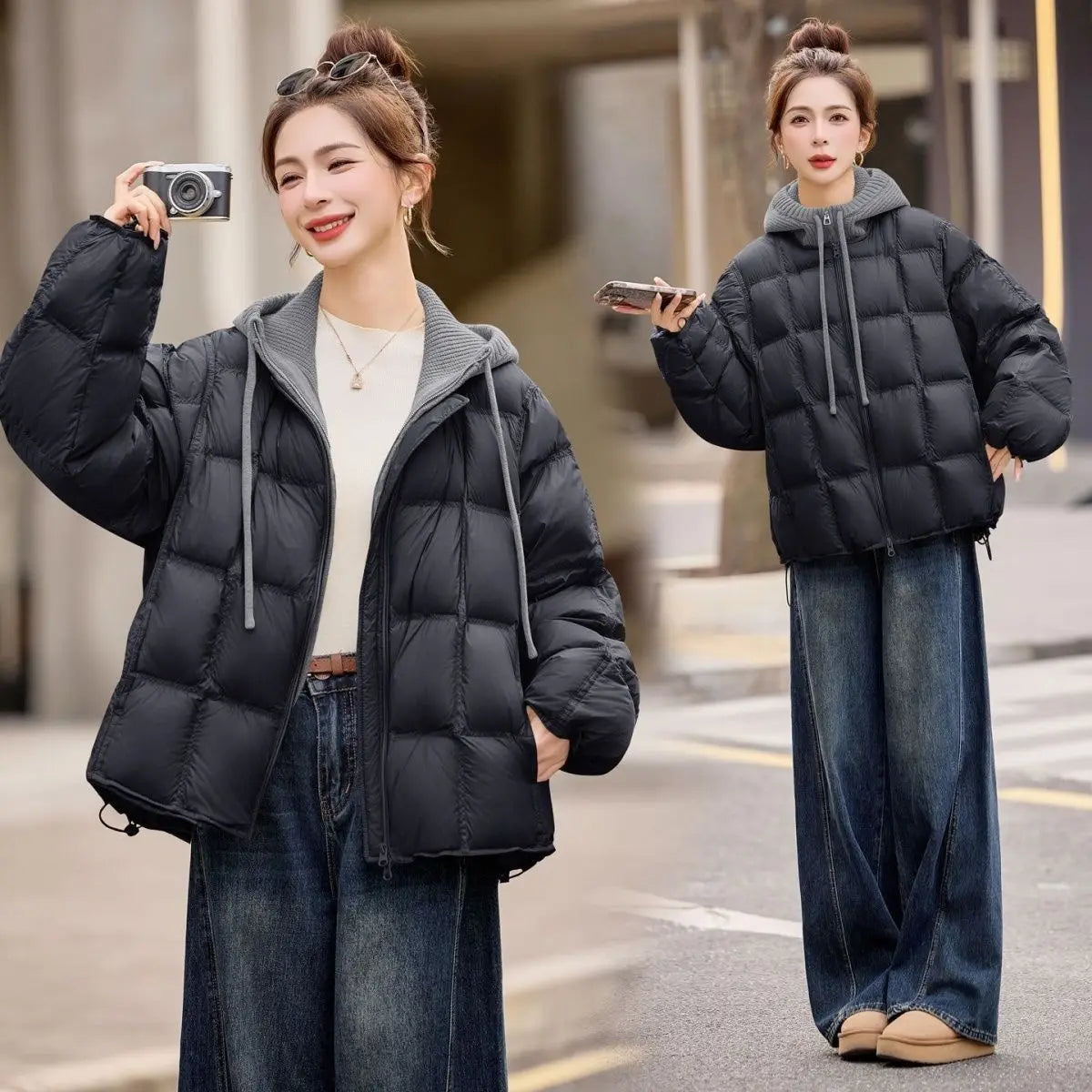 Femme Korean Cotton Padded Outwear 2026 New Autumn Winter Women Casual Knitted Hooded Puffer Jacket Fake Two-piece Warm Parkas LadyShow.Store