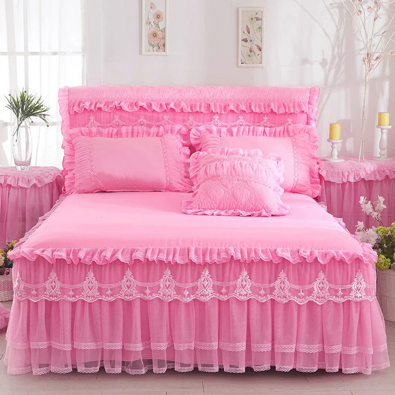 1 Piece Lace Bed Skirt +2pieces Pillowcases bedding set Princess Bedding Bedspreads sheet Bed For Girl bed Cover King/Queen size LadyShow.Store