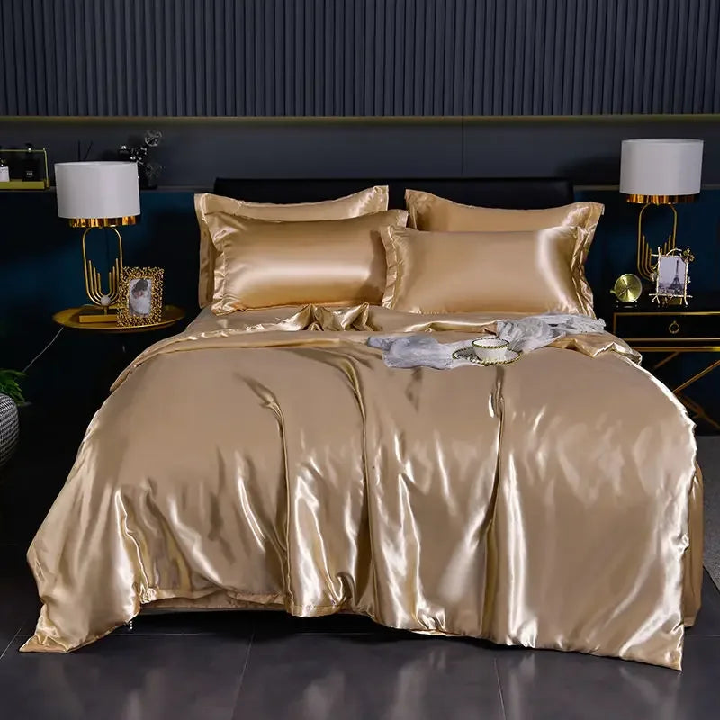 Luxury 100% Silk Bedding Set with Duvet Cover Set Double King Queen Size Bedding Cover Kit 4pcs Bed Cover Bed Linen Sets Pi-Mart