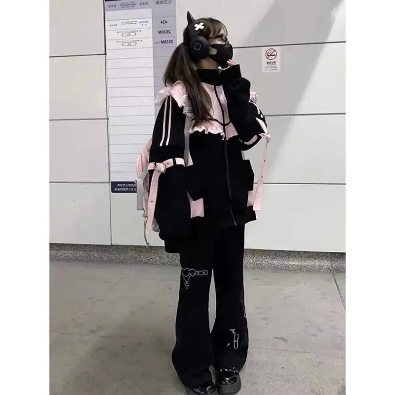 Autumn Winter Japanese Sweet Y2K Clothing Hoodie Women Kawaii Vintage Coat Female Patchwork Korea Style Chic Cardigan Outfits LadyShow.Store