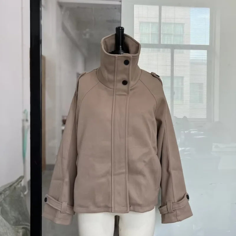 Fashion Short Woolen Coat For Women Stand Collar Full Sleeve Loose Zipper Jacket Female 2025 Spring Autumn Solid Lady Outwear LadyShow.Store