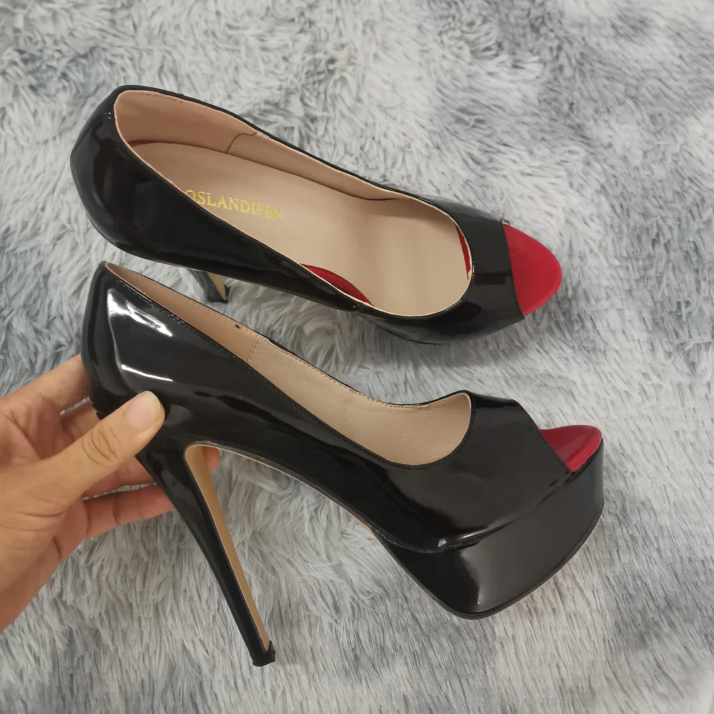 Women Pumps Sexy Platform Peep Toe 14cm Extremely Thin High Heels Stiletto Patent Leather Fashion Party Nighclub Wedding Shoes Pi-Mart