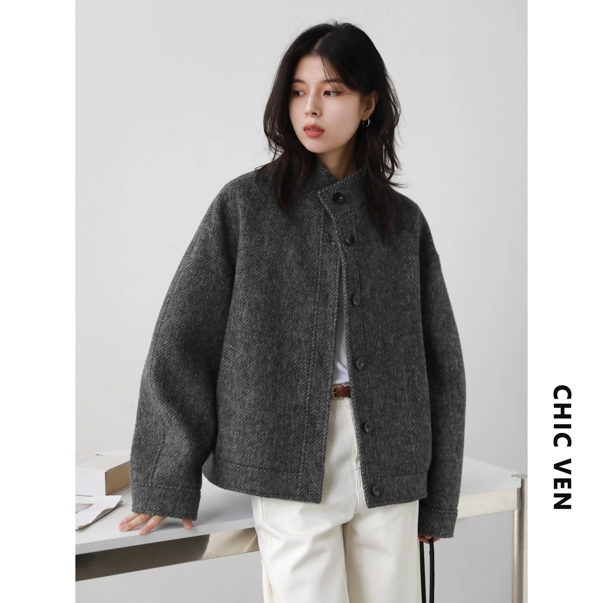 CHIC VEN Women Short Woolen Coat New Stand Up Twill Texture Single Breasted Ladies Jacket Retro Woman Outwear Autumn Winter 2025 LadyShow.Store