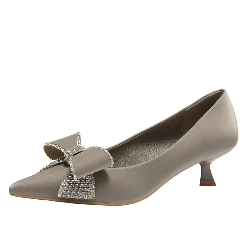 High Quality Satin Rhinestone Bowknot Design Kitten Heel Pumps Women Pointed Toe Elegant Party Shoes Luxury Wedding Bride Heels LadyShow.Store