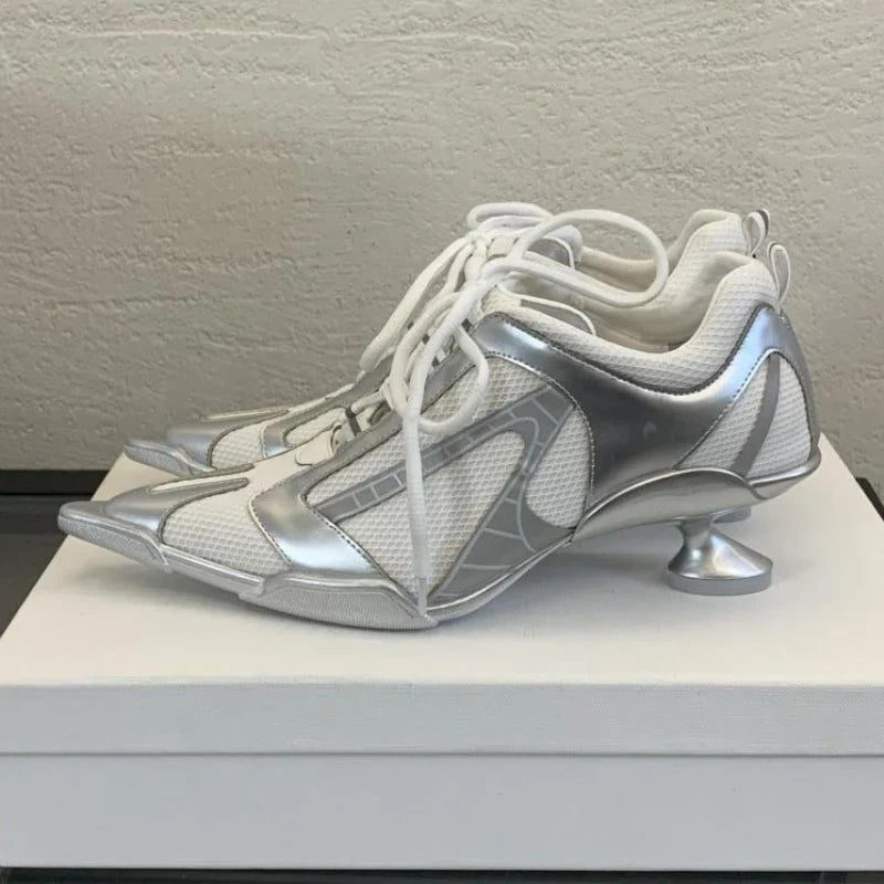 Silver Lace-up Sports Heels Women Fashions Pointed Toe Strange Style Mesh Sneakers Elegant Punk Shoes Female Luxury Brands Pumps LadyShow.Store