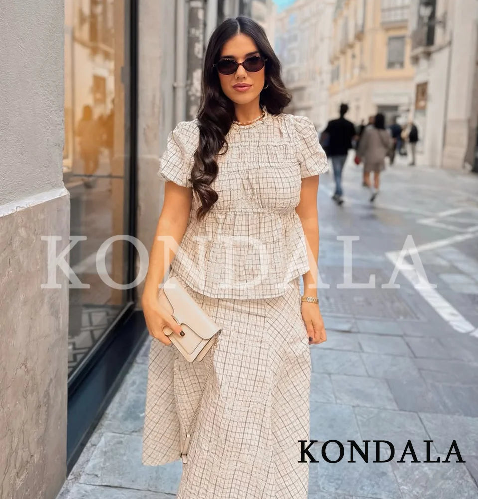KONDALA Chic Embroidery Plaid Skirt Set Women Trendy 2026 Spring Summer Holidays Casual Set Puff Sleeve Shirts, A-Line Skirts Pi-Mart