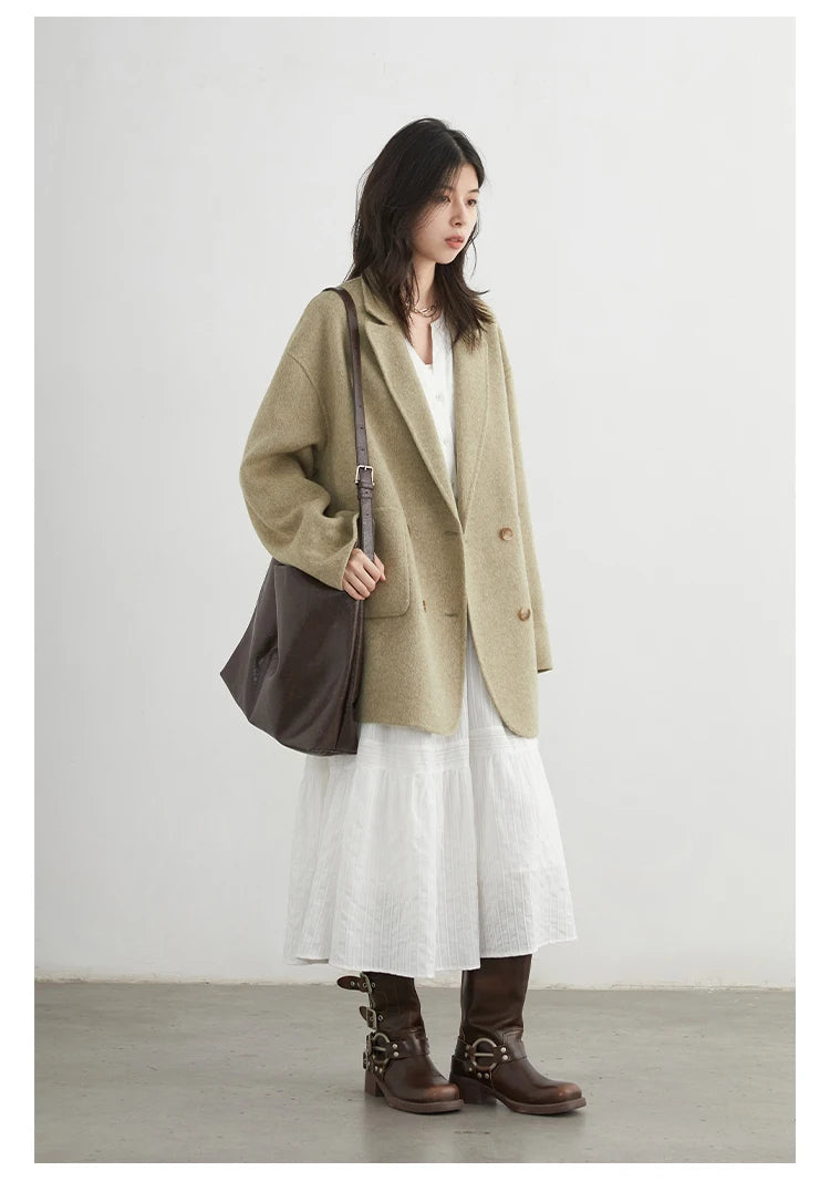 CHIC VEN New Women Woolen Coat Loose Solid Mid-length Double-sided Oversized Office Ladies Jackets Outerwear Autumn Winter 2026 Pi-Mart