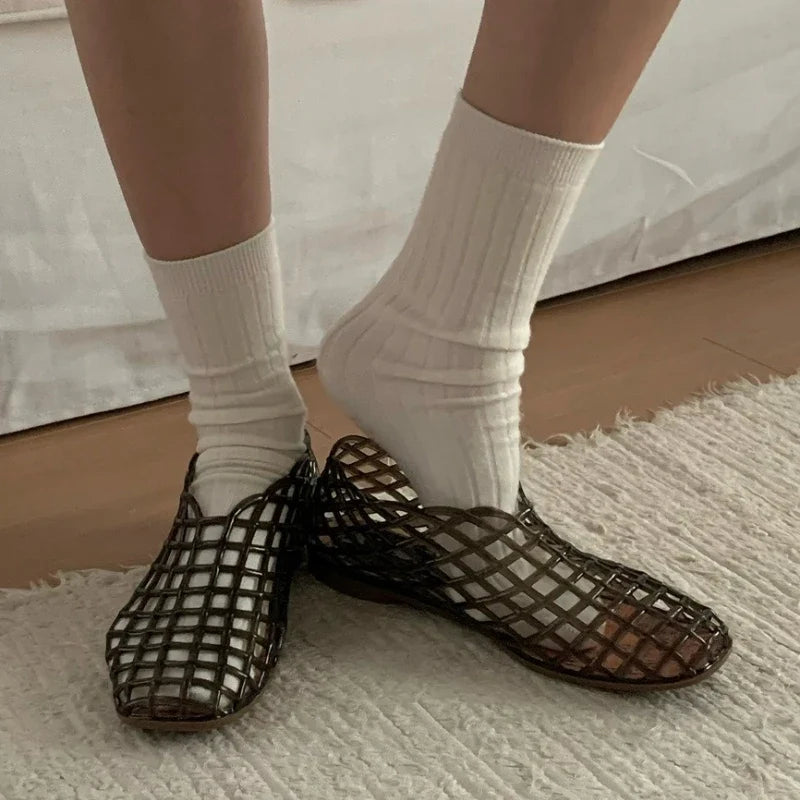 Women's New Flat Sandals with Hollow Transparent Color Mesh Jelly Shoes Woman Daily Walking Flats Plus Size 41 Soft PVC Footwear LadyShow.Store