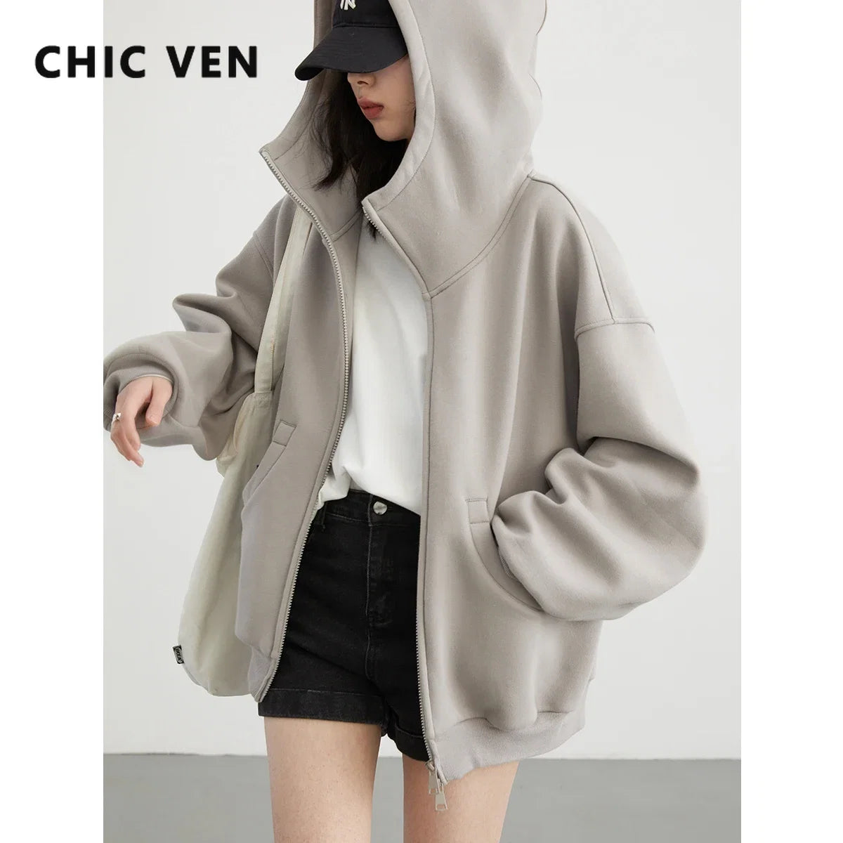 CHIC VEN Women Sweatshirts Loose Casual Hooded Long Sleeves with Plush Sweater Double Zipper Oversize Coat Spring Autumn 2026 LadyShow.Store